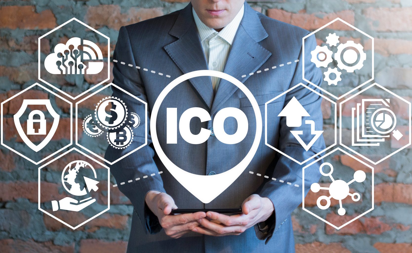 Man using smartphone with ICO (Initial Coin Offering) icon on a virtual screen. ICO Digital Electronic Trade Market Stock Index concept.